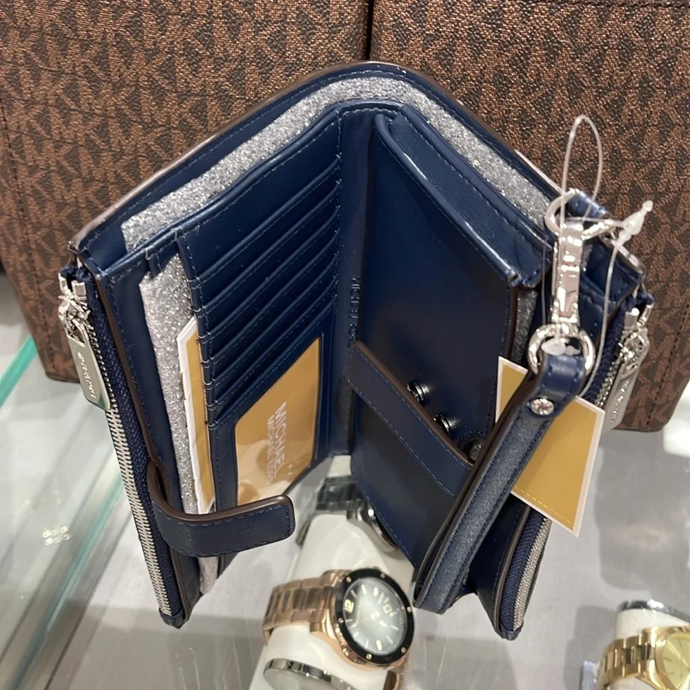 MICHAEL KORS JST LG DOUBLE ZIP WRISTLET WALLET PHONE HOLDER Navy Multi NWT